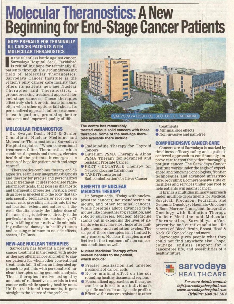 Sarvodaya Hospital, Faridabad, is pioneering theranostics, a novel approach offering renewed hope for late-stage cancer patients. Read more in The Times of India.

#moleculartheranostics #TOI #sarvodayahospital #drswagatdash
#NuclearOncologyExpert
#CancerTreatmentinIndia