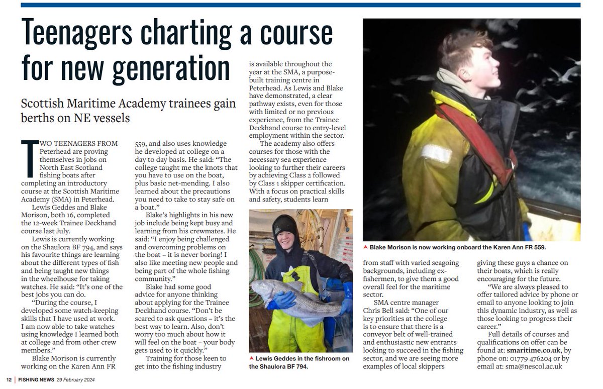 Great article by <a href="/YourFishingNews/">Fishing News</a> News, showing two local Peterhead lads starting out as Fisherman following our Trainee Deckhand course, proving that hard work and dedication can lead to a prolonged fishing career. Good luck guys! Interested? email sma@nescol.ac.uk for Apr/Sept.