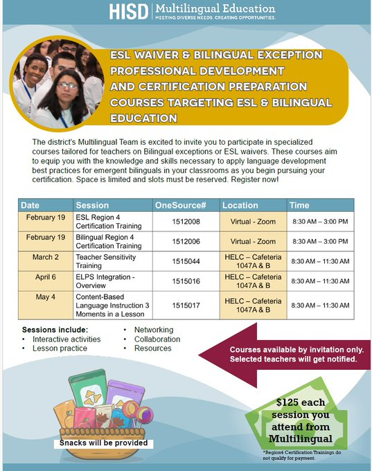 Ling Zhang (@lingzhang_ml) on Twitter photo 📢📢@HISDMultiPrgms
invites you to participate in specialized PD available for teachers with ESL Waivers or Bilingual Exceptions. Learn and make 💰❗ <a href="/GrissomHISD/">GrissomRocketsHISD</a> <a href="/HinesCaldwellES/">Hines Caldwell ES</a> <a href="/Hobby_Mustangs/">W.P. Hobby Elementary School</a> <a href="/wv_eagles/">Windsor Village ES</a> <a href="/SterlingRaider/">Sterling Aviation ECHS</a> 📢📢@HISDMultiPrgms
invites you to participate in specialized PD available for teachers with ESL Waivers or Bilingual Exceptions. Learn and make 💰❗ <a href="/GrissomHISD/">GrissomRocketsHISD</a> <a href="/HinesCaldwellES/">Hines Caldwell ES</a> <a href="/Hobby_Mustangs/">W.P. Hobby Elementary School</a> <a href="/wv_eagles/">Windsor Village ES</a> <a href="/SterlingRaider/">Sterling Aviation ECHS</a>