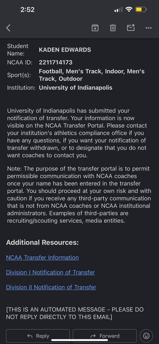 I would like to thank the University of Indianapolis for being apart of my journey in my college career. Great coaching staffs on both the Football and Track and Field team. But I would like to announce I’m officially in the transfer portal.