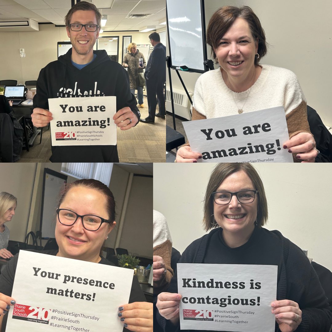 DustinSwanson's tweet image. It is #PositiveSignThursday today in ⁦⁦@PrairieSouth⁩. Thank you to the student support teachers who participated this week. You are amazing! Kindness is contagious! Your presence matters! #PrairieSouth