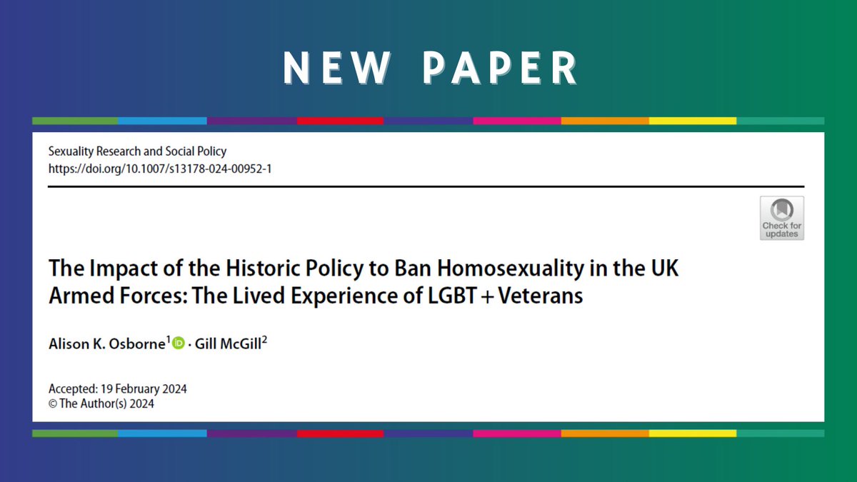 Dr Alison Osborne (@alisonkosborne) on Twitter photo Our article exploring LGBT+ Veterans' experiences of the UK Armed Forces 'gay ban' has been published in Sexuality Research and Social Policy! 🏳️🌈🏳️⚧️
Read it here👉doi.org/10.1007/s13178…
<a href="/GillMcGill2/">Dr Gill McGill</a> <a href="/caz_paige/">Caroline Paige</a> <a href="/CraigJonesMBE/">Craig Jones MBE</a> <a href="/fightingwpride/">Fighting With Pride</a> Our article exploring LGBT+ Veterans' experiences of the UK Armed Forces 'gay ban' has been published in Sexuality Research and Social Policy! 🏳️🌈🏳️⚧️
Read it here👉doi.org/10.1007/s13178…
<a href="/GillMcGill2/">Dr Gill McGill</a> <a href="/caz_paige/">Caroline Paige</a> <a href="/CraigJonesMBE/">Craig Jones MBE</a> <a href="/fightingwpride/">Fighting With Pride</a>