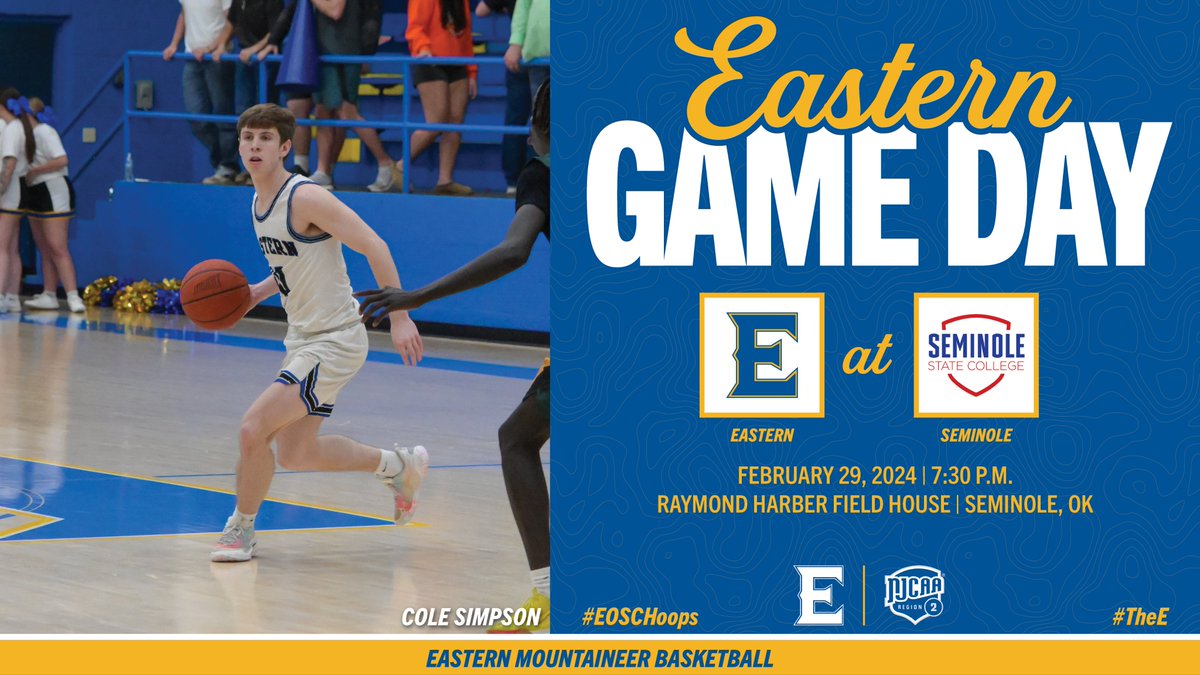 It's Game Day! The Mountaineers are hitting the road to take on Seminole! #TheE #EOSCHoops #NJCAAMBB 🏀 vs. Seminole State College ⏰ 7:30 PM 🏟 Raymond Harber Fieldhouse 📍 Seminole, OK 🖥 youtube.com/@SeminoleState…