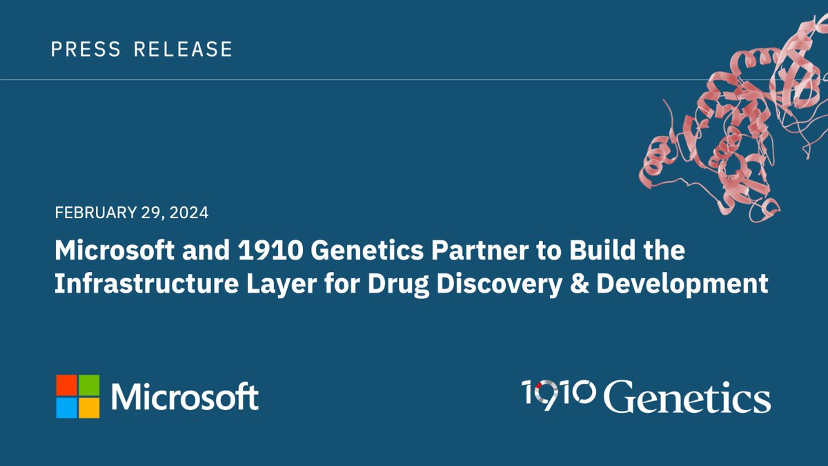 On this last day of Black History Month, I am honored to announce that 1910 Genetics and <a href="/Microsoft/">Microsoft</a> have entered an unprecedented 5-year commercial agreement to build the infrastructure layer for drug discovery using #AI &amp; high-performance #computing.

PR: 1910genetics.com/media/microsof…