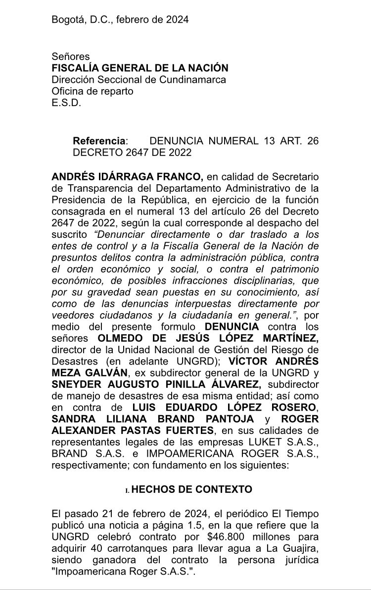 #PrimeroLaFM | Este es el oficio de la denuncia penal que radicará la secretaría de Transparencia de la Presidencia de la República contra Olmedo López por presuntas irregularidades en la compra de carrotanques para abastecer agua en La Guajira. La denuncia también se radicará…