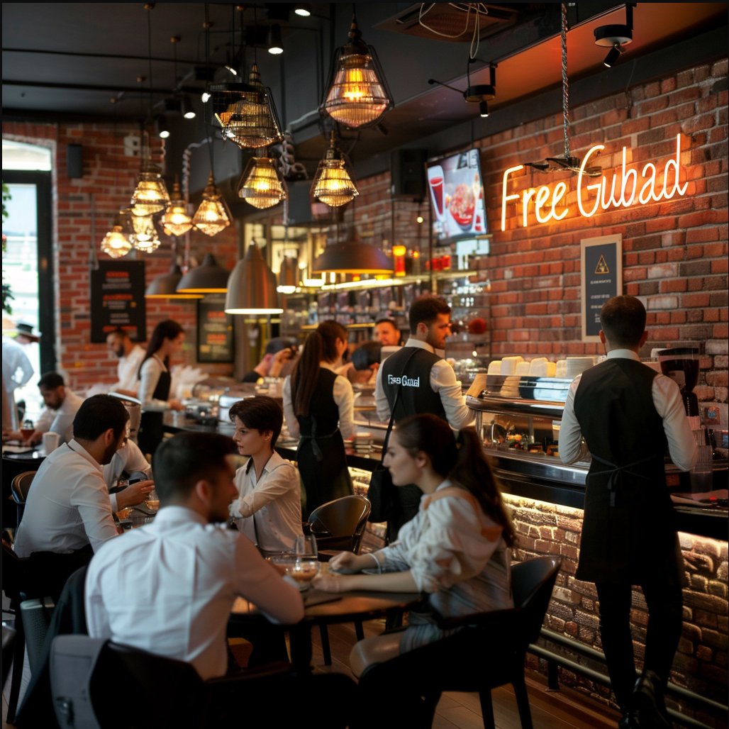 'a busy cafe in downtown #Baku in #Azerbaijan, modern and pleasant architecture, waiters and waitresses in white shirts and black vests' and adding #FreeGubad also. The people of Azerbaijan deserve better than a dictatorship that locks decent people up. @BayramovaZhala