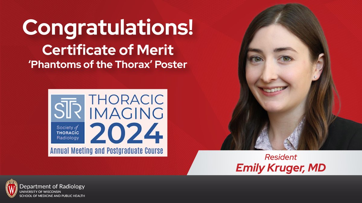 We'd like to give a shout out to Emily Kruger, MD for receiving a Certificate of Merit for her poster 'Phantoms of the Thorax' that she presented at the Society of Thoracic Radiology's #STR2024 meeting last week! @thoracicrad