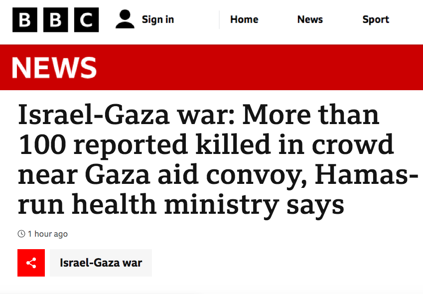 Some phrases the mass media is using right now to describe civilians being massacred by the IDF while waiting for food: - 'food aid deaths' - 'food aid-related deaths' - 'chaotic incident' - 'reported killed in crowd near Gaza aid convoy, Hamas-run health ministry says'