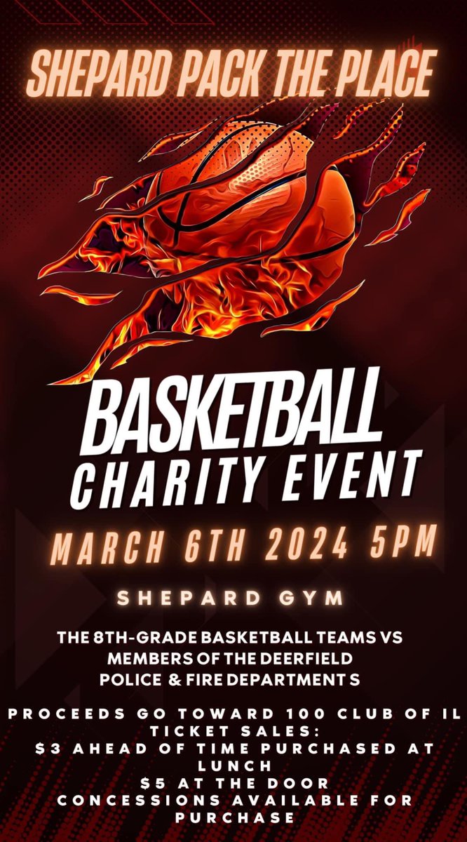 Join us March 6th at @109Shepard for Pack The Place! Watch Shepard’s 8th grade basketball team take on members of DPD & DBFD. This is a match up you won't want to miss! Tickets will be sold at the door and concessions are available for purchase. Proceeds benefit @100ClubIllinois
