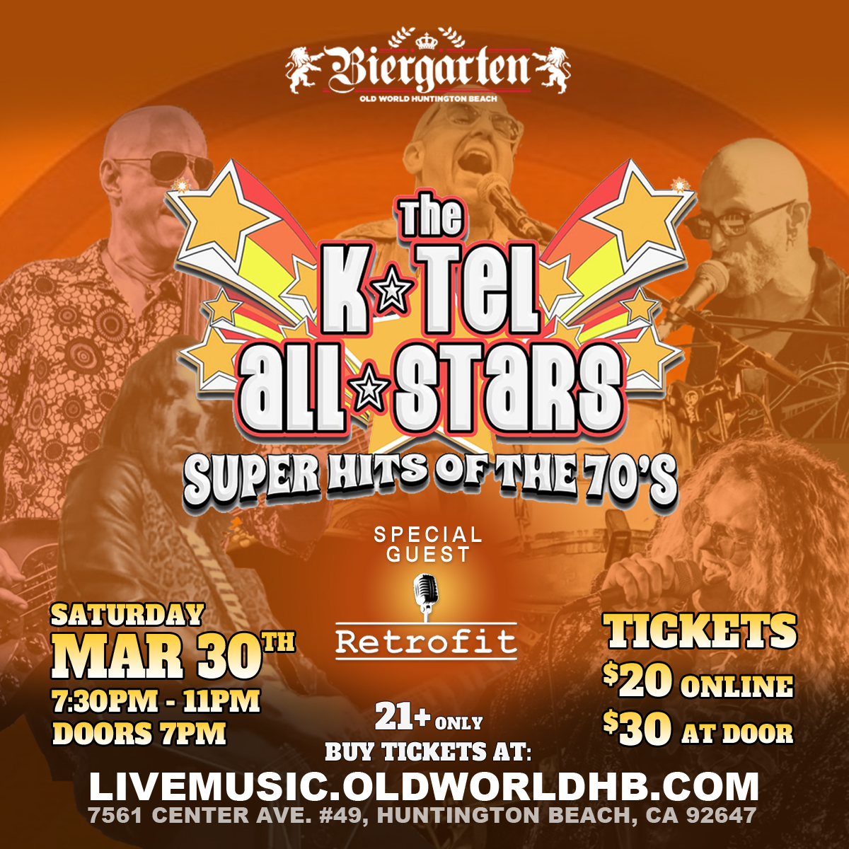 biergartenhb's tweet image. The Totally 70's Show featuring The K-Tel All-Stars is back at the BIERGARTEN on Saturday, March 30th! With special guest RETROFIT!

🎵SATURDAY, MARCH 30th
✨BIERGARTEN Festival Hall
✨DOORS open 7PM

⭐BUY TICKETS AT:
👉events.oldworldhb.com/event/k-tell-a…

#orangecountyCA #huntingtonbeachCA