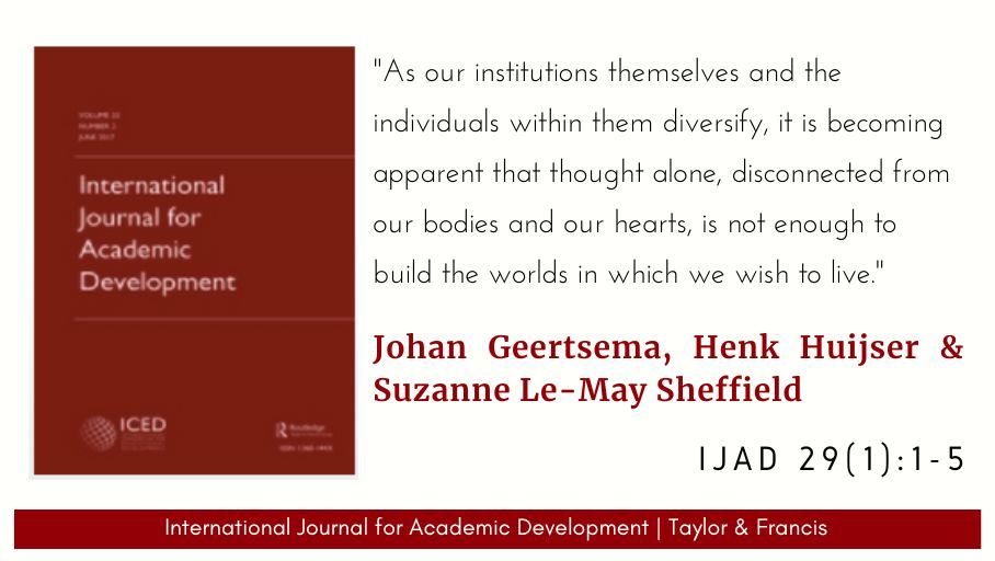 Volume 29, Issue 1 has just dropped! 
'Relationality, belonging, and inclusion in academic development' [Editorial], by Johan Geertsema, <a href="/hhuijser/">Henk Huijser</a> &amp; <a href="/SuzanneSheff18/">Suzanne Sheffield</a>, IJAD 29(1), 2024 - doi.org/10.1080/136014…