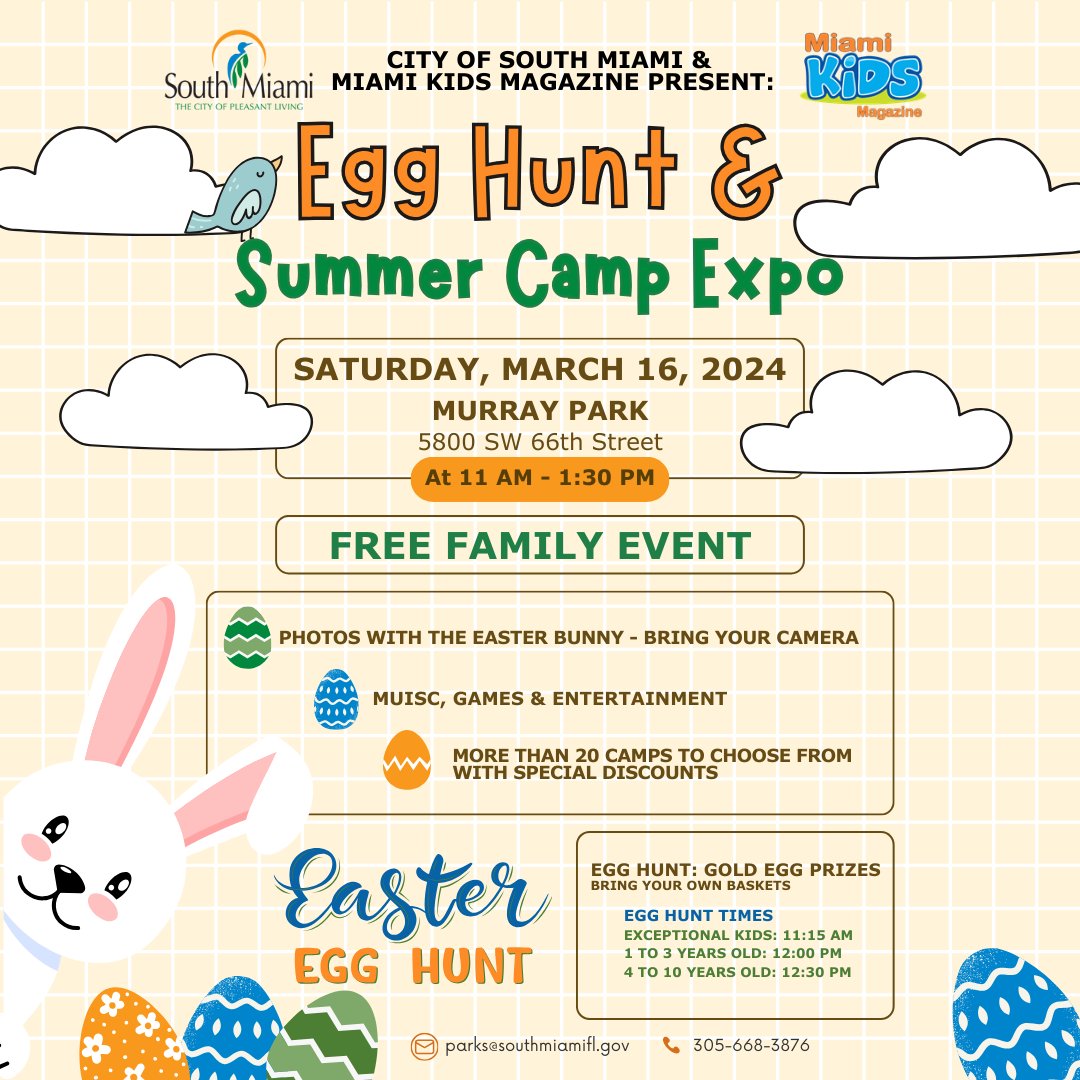 Everybunny join us for our Easter Egg Hunt & Summer Camp Expo. 🐰🐣 📅 Saturday, March 16th 📍 Murry Park: 5800 SW 66th St ⏰ 11:00am 🎟️ Free Family event: linktr.ee/somiamigov (Link in bio) For more information please contact: Parks@southmiamifl.gov✉️ #SoMi #SouthMiami