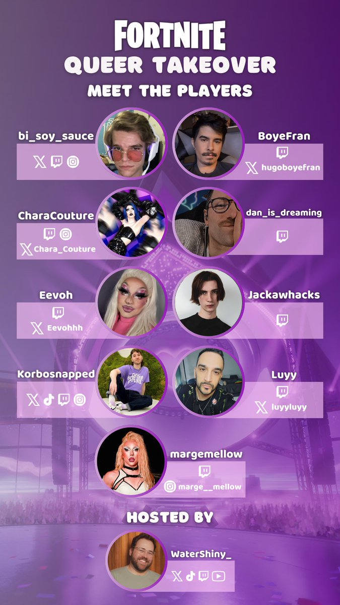 🚨🚨🚨MEET THE PLAYERS🚨🚨🚨

This Saturday 6pm GMT | 1pm EST, I'm hosting a Queer Takeover on Fortnite with iconic queer content creators. Be there!

<a href="/bi_soy_sauce/">bi_soy_sauce</a> 
<a href="/HugoBoyefran/">BoyeFran</a> 
@chara_couture 
@dan_is_dreaming 
<a href="/Eevohhh/">Eevoh</a> 
<a href="/jackawhacks/">jackawhacks</a> 
<a href="/korbosnapped/">ᴋᴏʀʙᴏ</a> 
<a href="/luyyluyy/">Luyy</a> 
<a href="/marge__mellow/">Marge Mellow</a>
