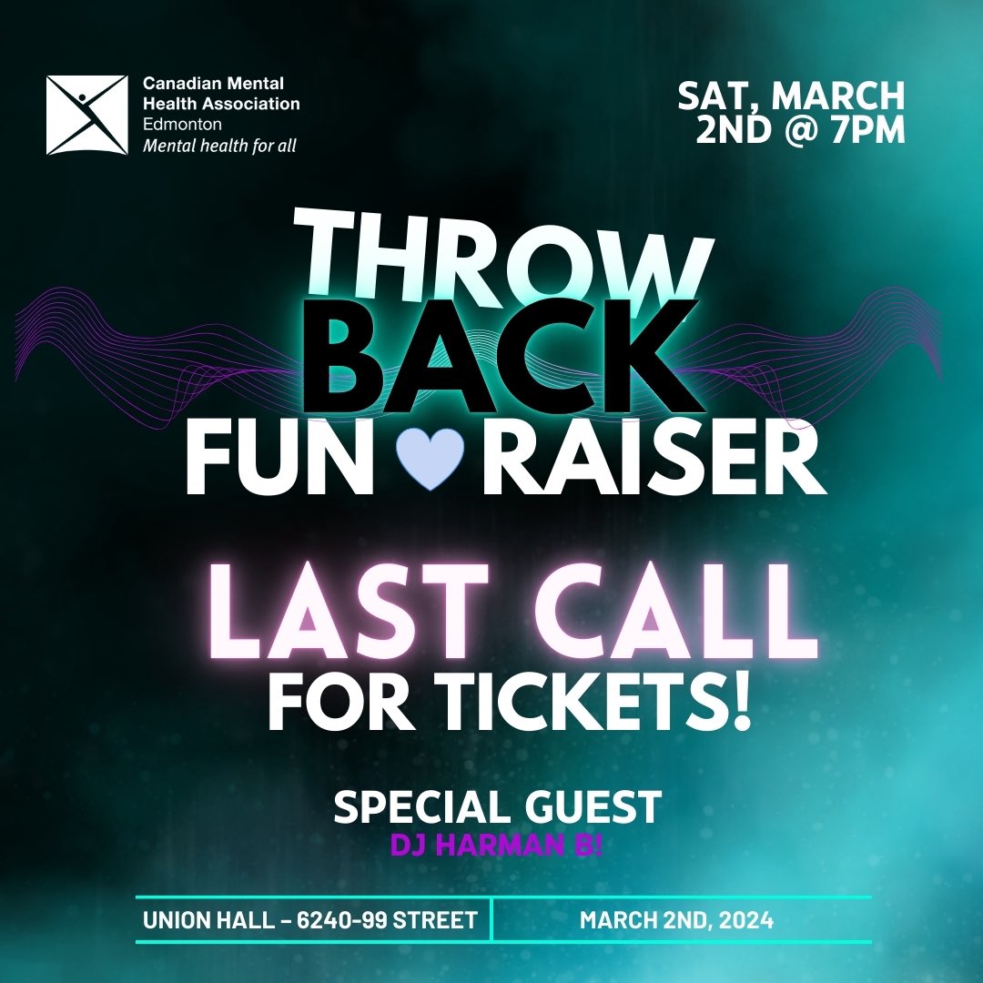 📣 📣 LAST CALL 📣 📣 Get your tickets to our dance party this weekend, hosted at the fabulous @unionhall with DJ Harman B making sure the tunes are on point throughout the evening 🎶. Head to our website edmonton.cmha.ca to purchase your ticket 🎟️