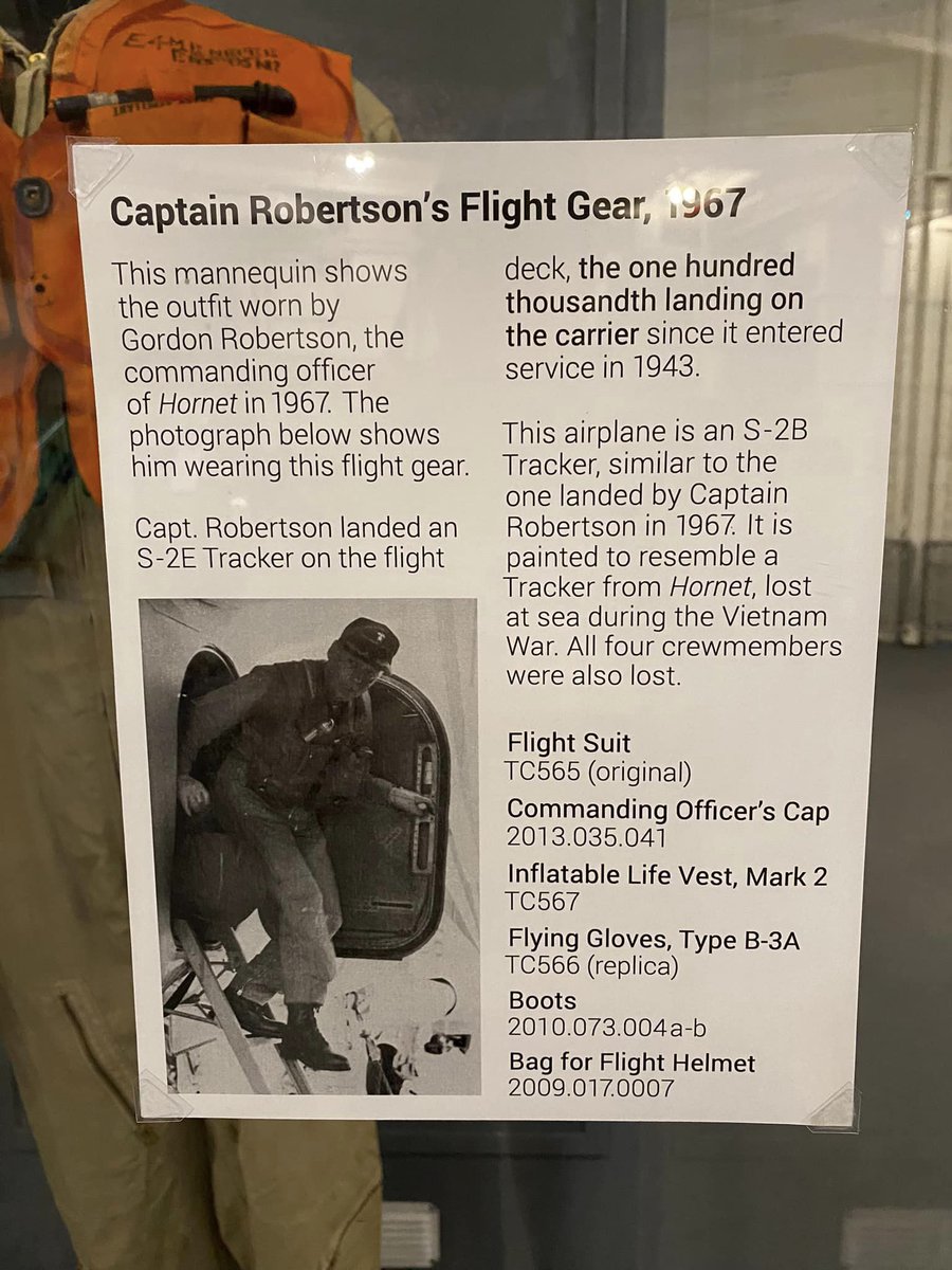 This flight suit donated by Carolyn Langdon, daughter of Captain Robertson (CO of the USS Hornet in 1967) who recorded the 100,000th landing on the USS Hornet in an S-2 Tracker. Come down and see it up close! #usshornet #usshornetmuseum #navalaviation #s2tracker