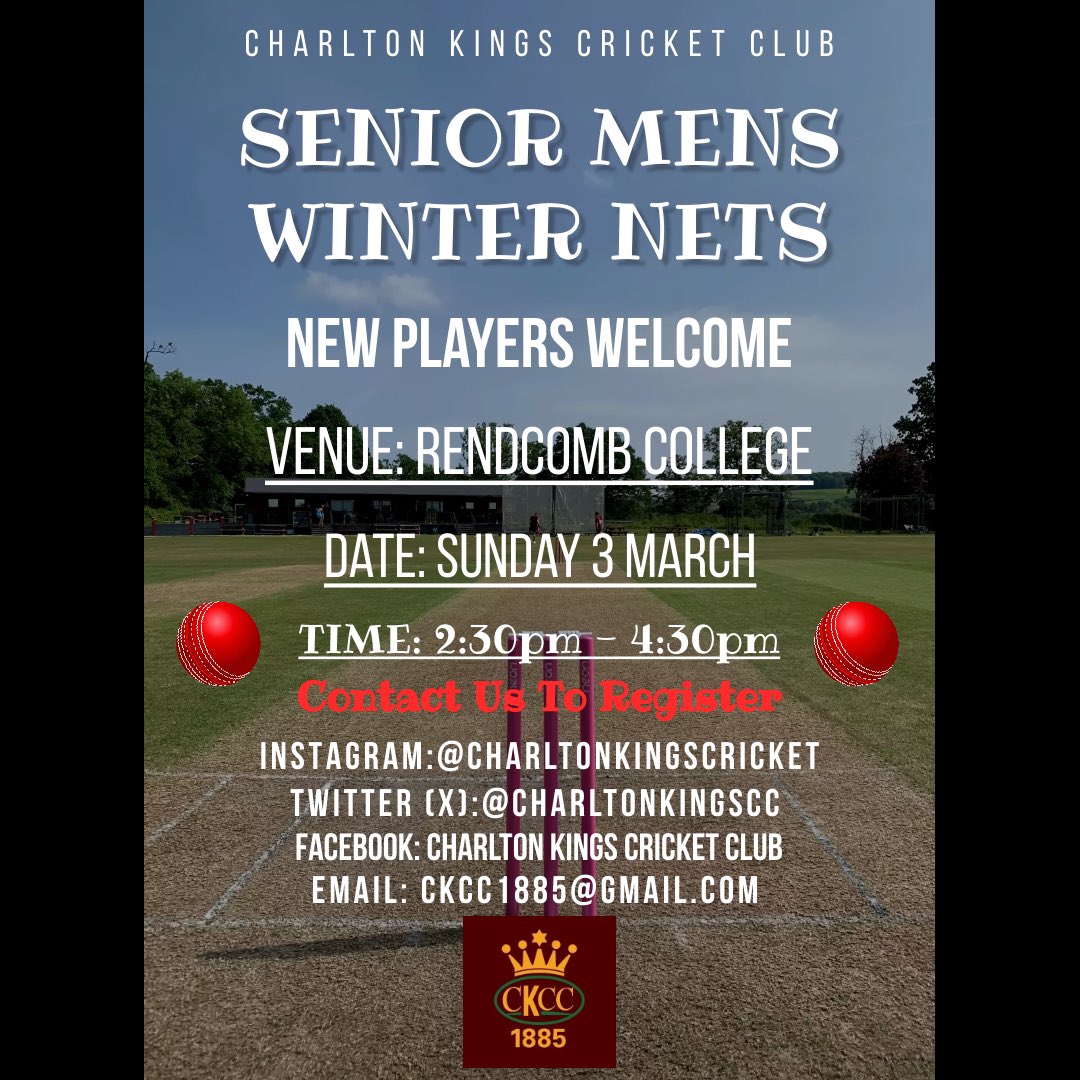 PRE-SEASON WINTER NETS

SESSION 6 out of 10

DATE: 3 March 2024
TIME: 2:30pm to 4:30pm
VENUE: Rendcomb College
