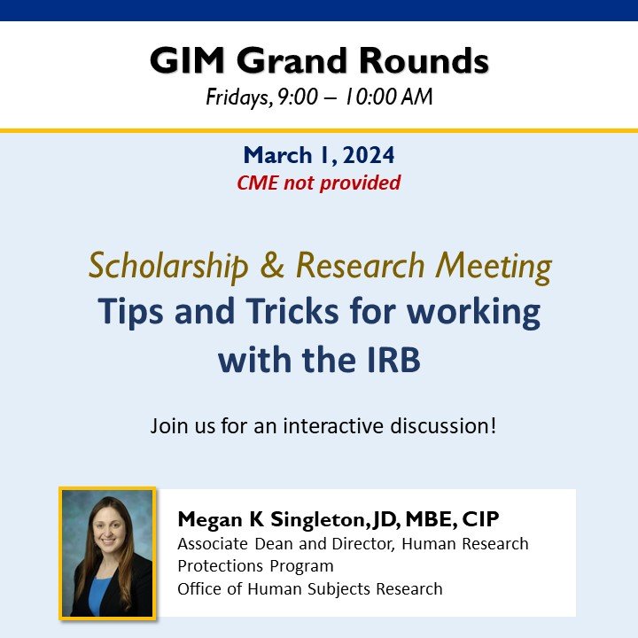 We can't think of a better way to kick off March! Join us for a virtual #HopkinsGIM Grand Rounds. We'll cover #tipsandtricks for working with the Johns Hopkins Institutional Review Board (IRB). 📄✍️ More info: hopkinsmedicine.org/institutional-…