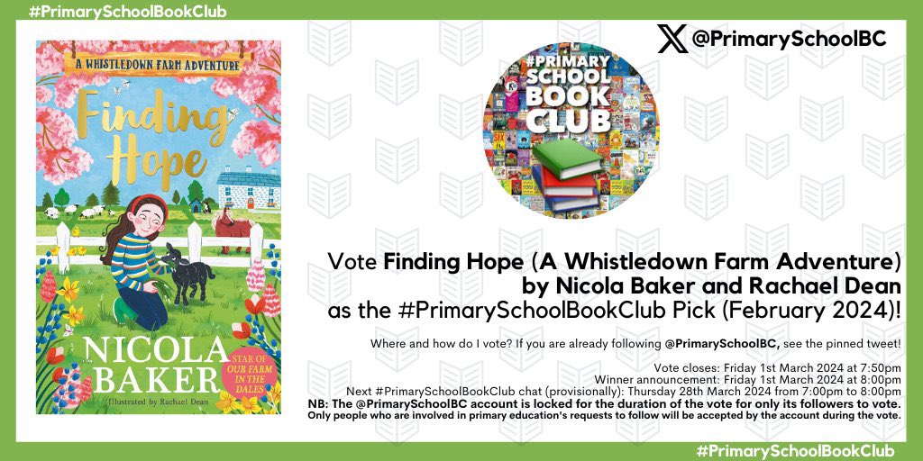 Finding Hope has been included in the vote for #PrimarySchoolBookClub tonight! Head to @PrimarySchoolBC and you can vote for The Whistledown Farm Adventures with all its gorgeous illustrations by @RachaelADean using the pinned tweet. 
How exciting! 🐥🐑🐣