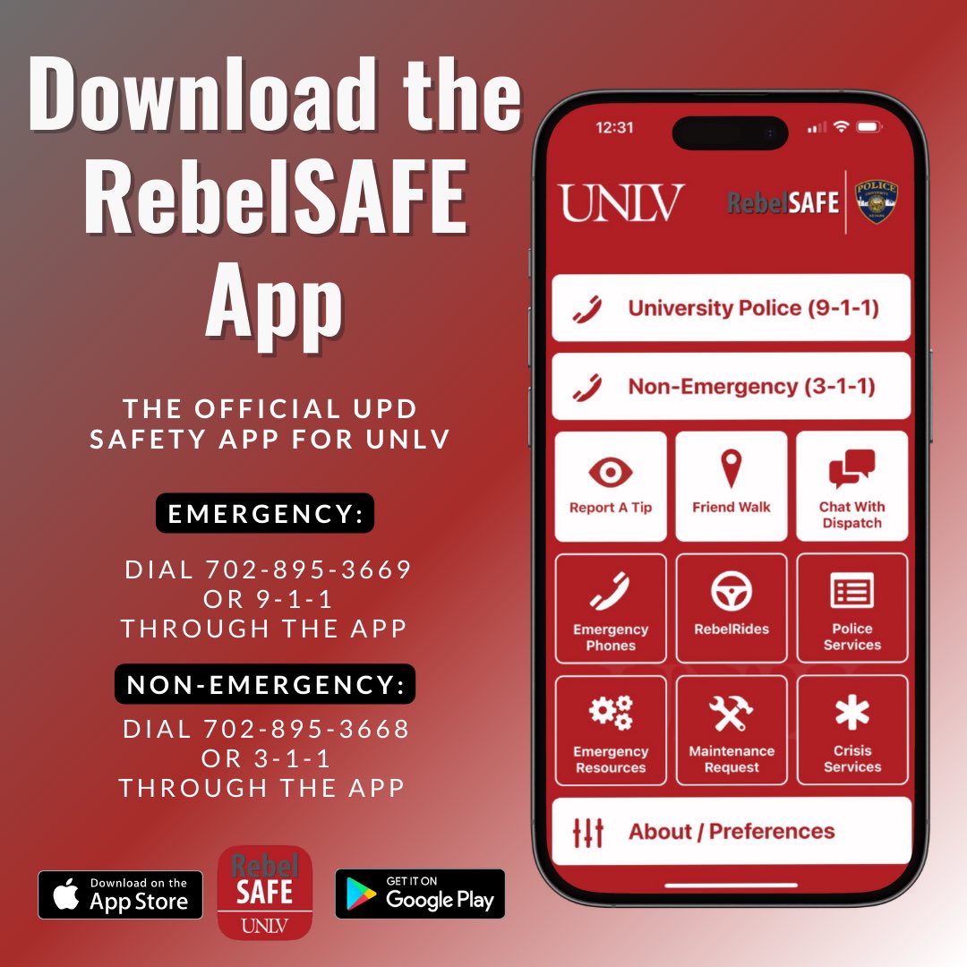 Stay connected, stay safe! RebelSAFE, the UNLV Safety App, keeps you connected to campus safety resources 24/7. 📱 Download today, free in the Google Play Store and Apple App Store!