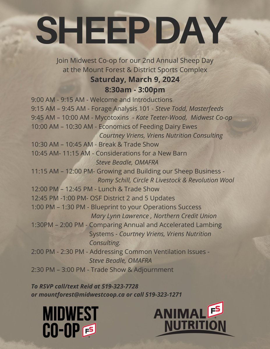 Midwest Co-op's Annual Sheep Day is back and better than ever! Check out our awesome line-up of speakers. Vendors will be on site to help you find what you need to take care of your flock. RSVP today by text to 519-323-7728 or call your local branch.