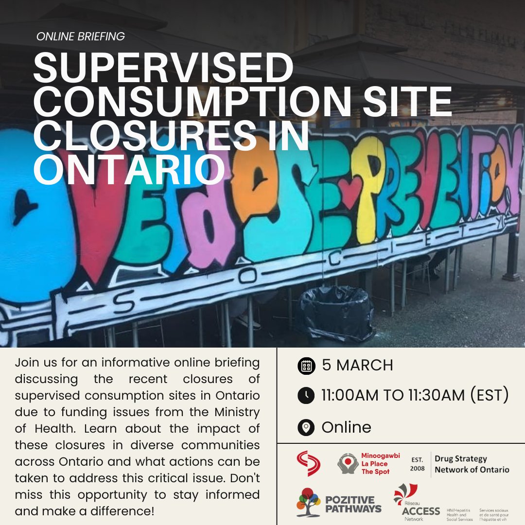 🚨 Urgent! Join our online briefing on March 5, 11-11:30 AM EST, discussing Ontario's supervised consumption site closures. 🌐 Your voice matters—stay informed, raise awareness, and take action: eventbrite.ca/e/online-brief…