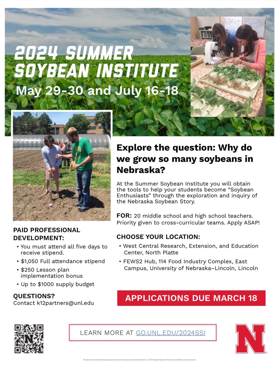 🌱2024 Summer Soybean Institute: May 29-30 &amp; July 16-18 at WCREEC in North Platte! 

✅ SSI provides the resources to assist students to become “Soybean Enthusiasts” by exploring the NE Soybean Story. 🚀

‼️ APPLICATIONS DUE 3/18 at GO.UNL.EDU/2024SSI