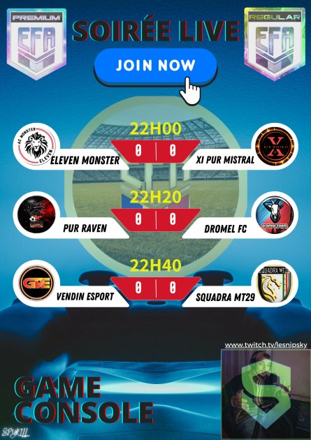 EFA France 🇨🇵 (@efafranceoff) on Twitter photo Grosse soirée live efa a partir de 22h00 avec <a href="/snipskyzz/">Le SniPsKy 🇫🇷</a> au programme de grosse affiche on vous attend nombreux:
22h00 eleven monster vs pure mistral
22h20 <a href="/PuRFIFARavenFR/">PuR Esport I FIFA</a> vs <a href="/DROMELTEAM7/">Dromel Team</a>
22h40 <a href="/Vendin_Esport/">Vendin Esport</a> vs <a href="/NicoAgu88227340/">Squadra MT29 / Structure MT29</a> Grosse soirée live efa a partir de 22h00 avec <a href="/snipskyzz/">Le SniPsKy 🇫🇷</a> au programme de grosse affiche on vous attend nombreux:
22h00 eleven monster vs pure mistral
22h20 <a href="/PuRFIFARavenFR/">PuR Esport I FIFA</a> vs <a href="/DROMELTEAM7/">Dromel Team</a>
22h40 <a href="/Vendin_Esport/">Vendin Esport</a> vs <a href="/NicoAgu88227340/">Squadra MT29 / Structure MT29</a>