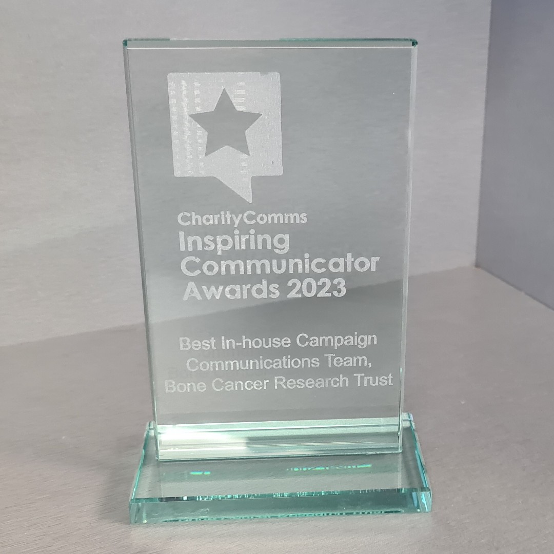 BCRT's tweet image. We’re absolutely delighted to share that our Communications Team have won the @CharityComms 2023 Inspiring Communicator Award ‘Best In-House Campaign' for Bone Cancer Awareness Week!

We are dedicating this award to the bone cancer community 🧡

#InspiringComms #CharityComms