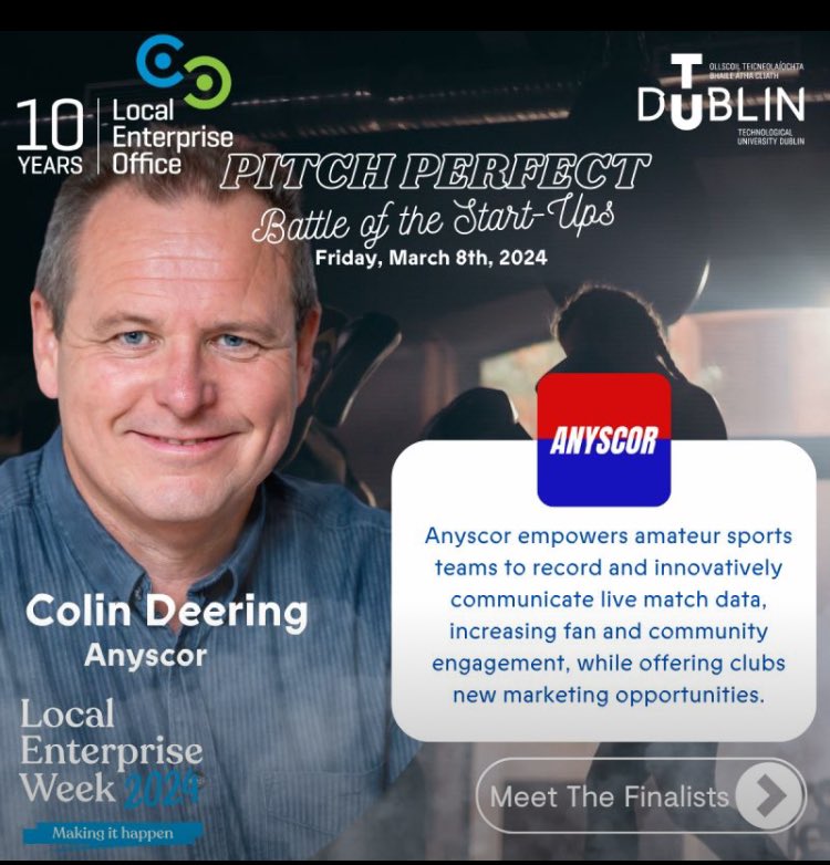 Delighted and honoured to be amongst the 6 finalists with @AnyscorFanApp for the Local Enterprise Week @EI_NewFrontiers @TUDublinEntEng  @FingalLEO #pitchperfect2024 competition on Friday, 8th of March. 

Now to get practicing, and maybe ask @VancityReynolds for pitching tips!😉