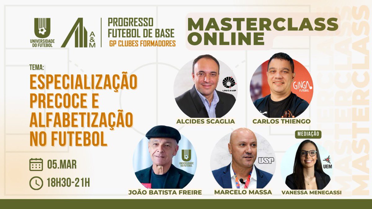 Oportunidade: masterclass ao vivo e online 🖥 do Progresso Futebol de Base

🗓️ Dia 05/03 (3ª) 
🕢 18h30-21h

Reuniremos grandes especialistas no Brasil quanto ao tema “Especialização precoce e alfabetização no Futebol” para um grande debate!

Inscreva-se: lnkd.in/dQDbC9sm