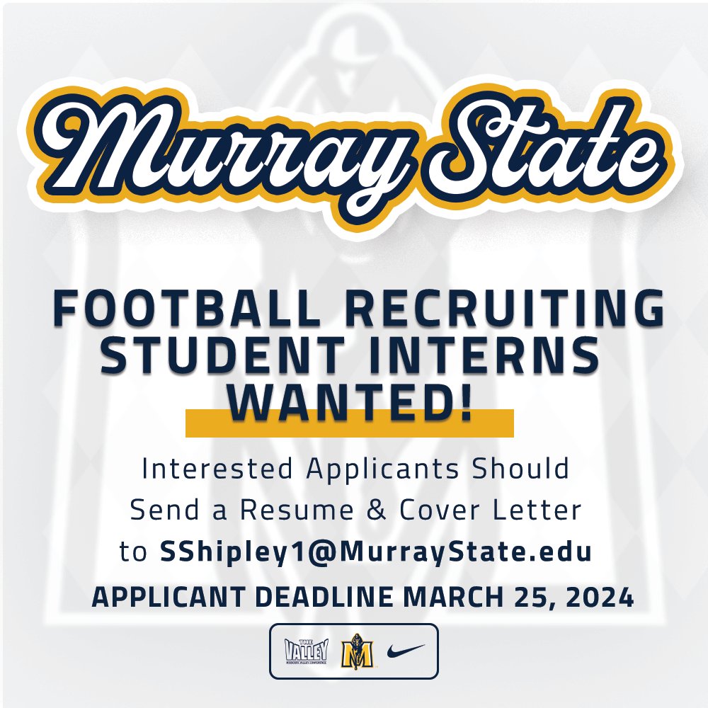 🏈 Intern with us! Murray State students, come work with us as we continue to expand our on-campus recruiting team! See the graphic below on how to apply 👇 #GoRacers🏇