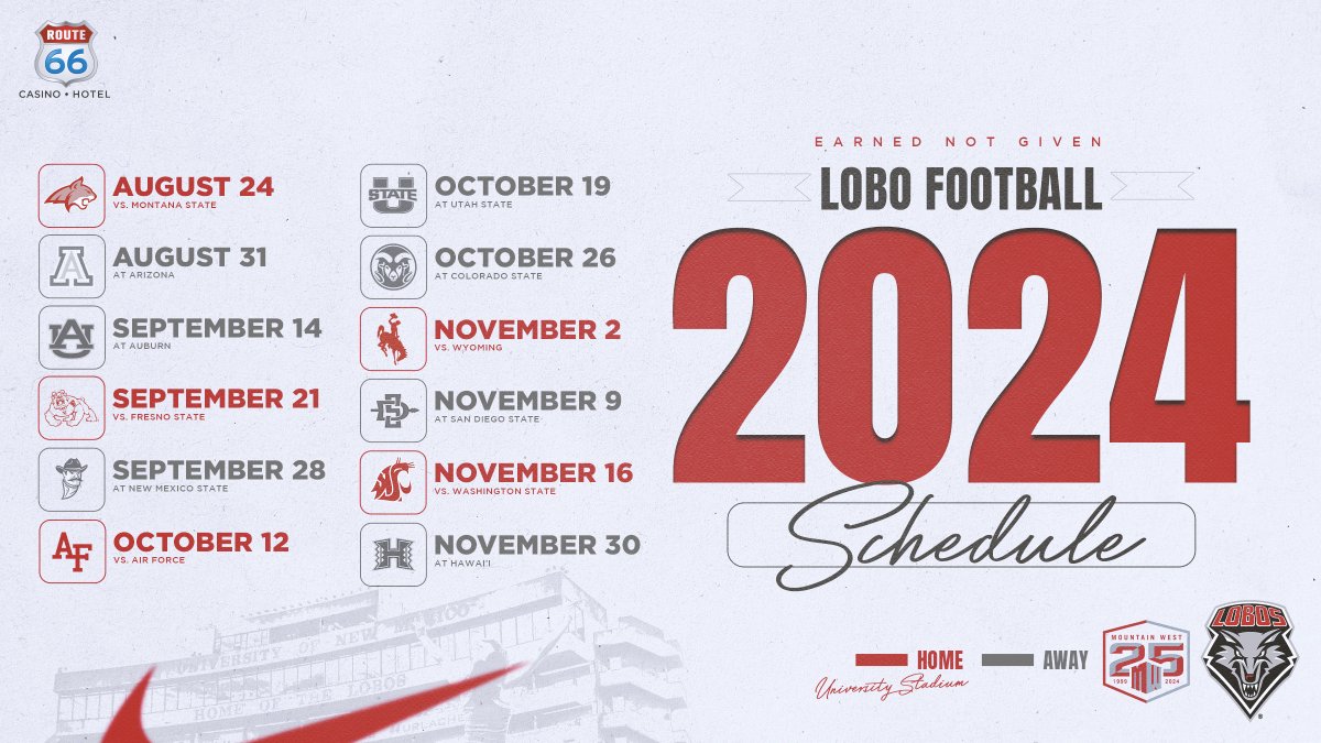 IT'S HERE!!!!!  Great opponents coming to University Stadium including Washington State's first visit in 20 years!!!  #GoLobos 

golobos.com/news/2024/02/2…

Season Tickets: golobos.com/2024FBSeasonTi…