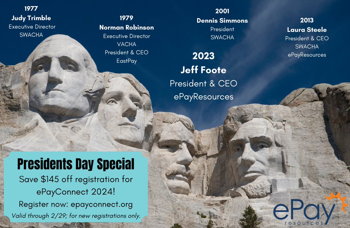 Today is the last day to get our Presidents Day discount and save $145 off your registration to #ePayConnect2024!  View the agenda and register today at epayconnect.org.
#ePC2024
#payments