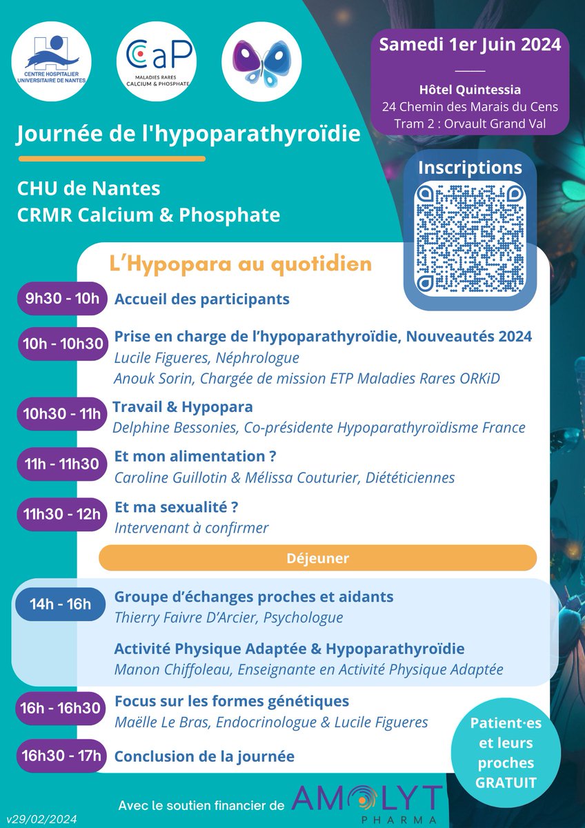 En cette journée des maladies rares, @LucileFigueres @FranceHypopara et tout le CRMR Calcium & Phosphate du @CHUnantes invitent les patients atteints d' #hypoparathyroïdie et leurs proches le Samedi 1er Juin 2024 Inscriptions : docs.google.com/forms/d/e/1FAI… Préprogramme 👇