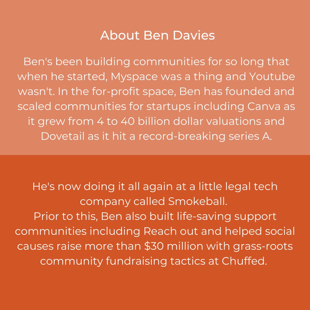 Introducing our 8th speaker in our Community Cohort #4…
Ben Davies @ Smokeball Australia 🙌 

📙 Teaches Community Strategy Design

Apply before Tues 12 March @ 12pm AEDT 👉 thecommunitycollective.co/cohort 
Listen to our Info Session recording to learn more 👉 youtu.be/qTelTbvoLmw?fe…