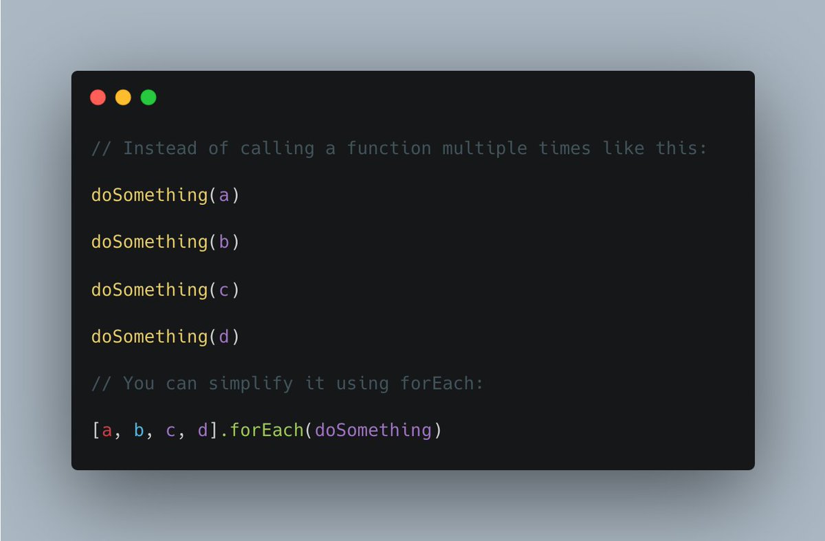 dale_nguyen's tweet image. 📣 #DevTip: Streamline your code with Array’s forEach method in JavaScript! 🚀

✅ Pros: clean, less prone to errors &amp;amp; easier to maintain

❌ Cons: Not suitable for async functions.
Hard to stop or break a forEach() loop other than by throwing an exception.

#JavaScript