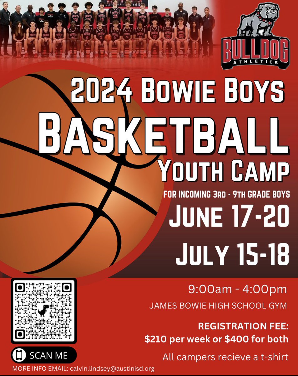 Bowie basketball camp is back again! Year 1 was a huge success with over 170 campers… this year we will be running 2 weeks of camp for incoming 3rd-9th graders. Link to register is here: forms.gle/xbW2PJAMRHUYxq… 🐾🏀