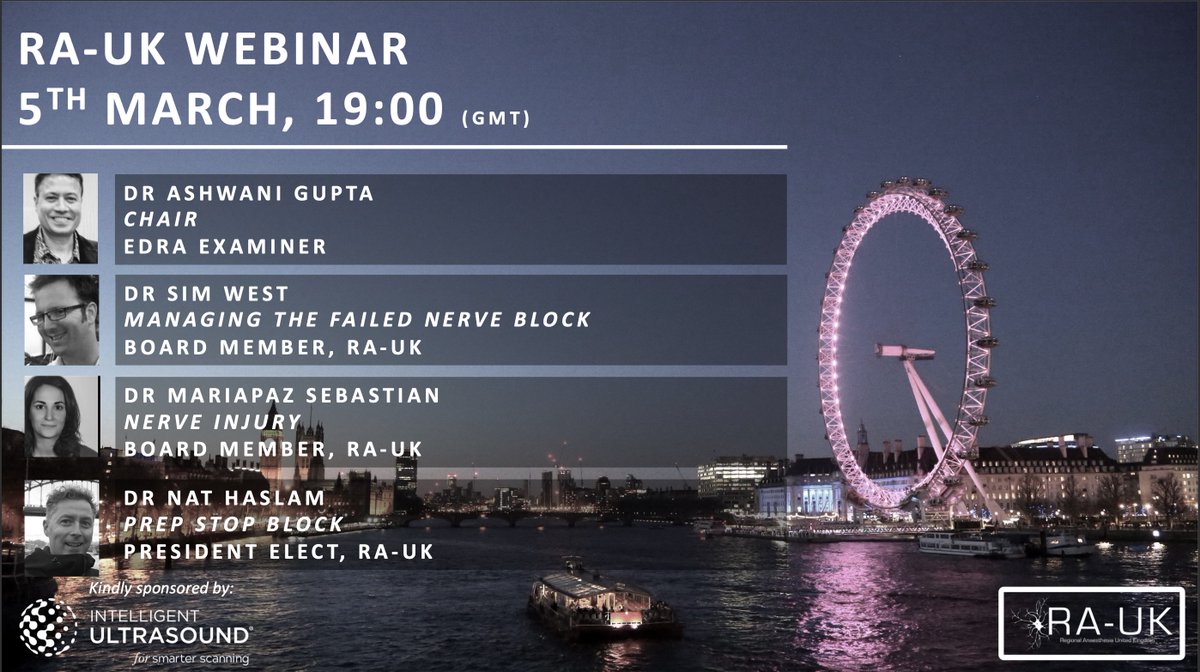 Penultimate @RegionalAnaesUK free to all webinar... 🌟Dr Sim West (@uclhregional) on managing the failed nerve block (happens to the best...) 🌟@mariapsebastian on nerve injury 🌟@nathaslam on prep stop block All chaired by @ashwani_doc 7pm Tuesday 5th March. ⚡️⚡️