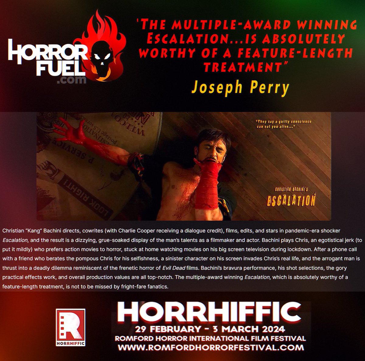 Read the majestic review for #escalationmovie courtesy of <a href="/HorrorFuel_com/">HorrorFuel.com</a> and <a href="/romfordhorror/">Romford Horror Film Festival</a> 🔥🔥Thank you Joseph Perry for the beautiful words!!! horrorfuel.com/2024/02/27/spo…
