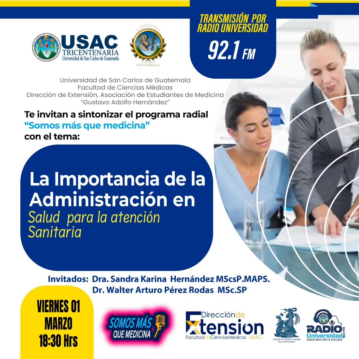 *La Dirección de Extensión y la Asociación de Estudiantes de Medicina* te invitan a sintonizar el Programa Radial *Somos más que Medicina* 
🎙 
🗓️ *Fecha:* 1 de marzo  2024.
🕜 *Hora:* 18:30 horas. 
📌 *Radio Universidad 92.1FM.