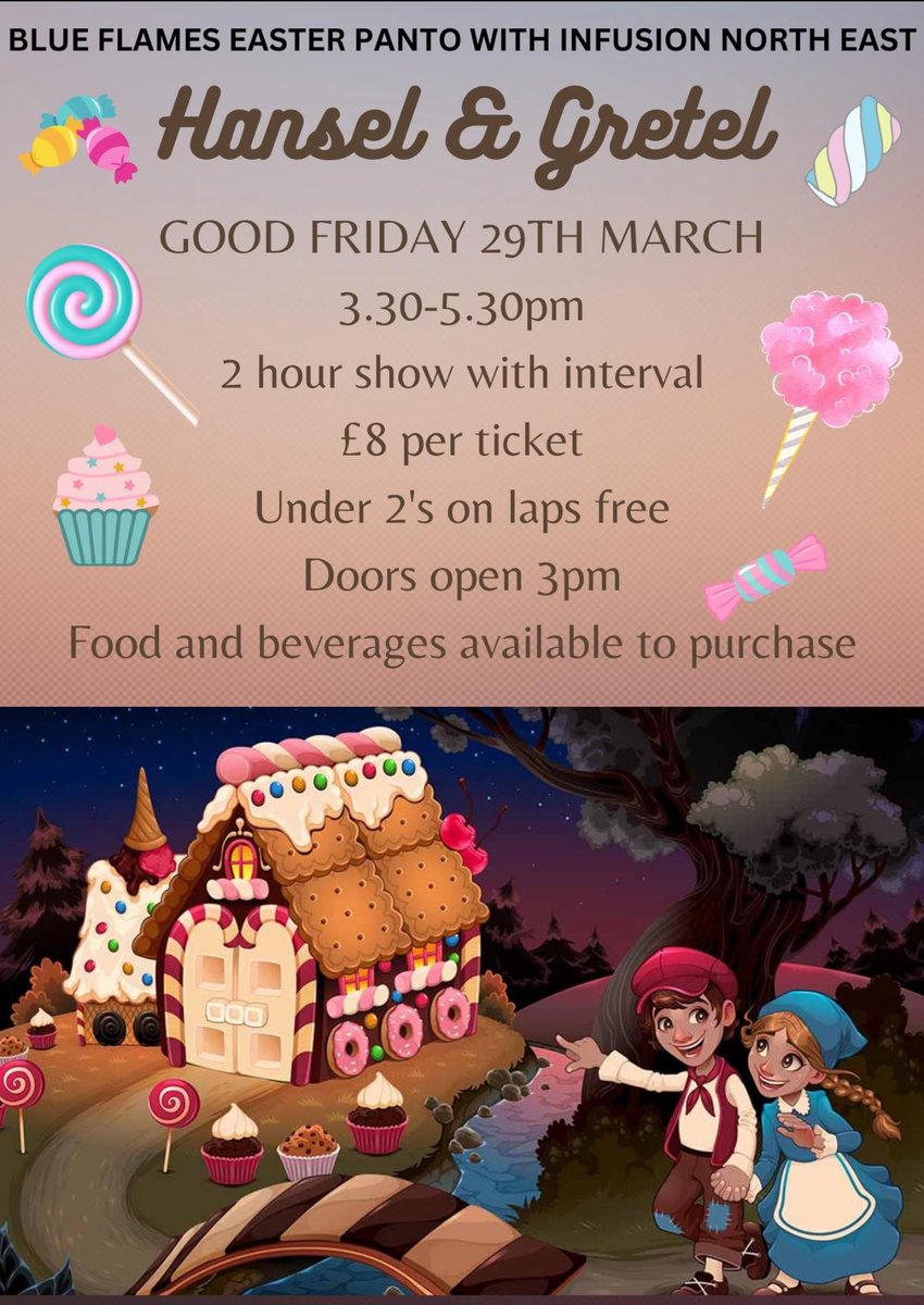 We are super excited to be working with Infusion North East again after our great Christmas panto with them. Tickets for our Easter panto are now on sale on our website blueflames.co.uk/product/hansel… Come along for a afternoon of great fun for all the family.
