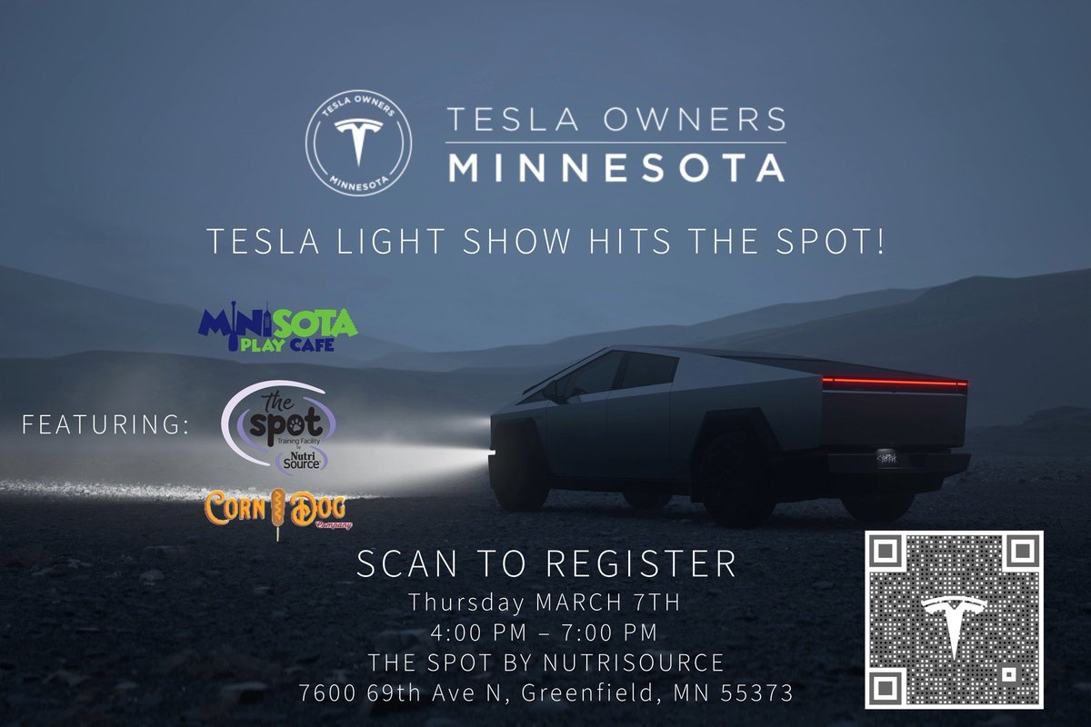 Join us on March 7th for Tesla Light Show hits The Spot!

- 1st MN Tesla light show
- Demo drive the new Model 3
- Free bag of NutriSource dog treats for every dog
- Games &amp; activities for kids
- Prizes for all ages, both 2-legged or 4!

Register here: forms.gle/GKdG62oiutkmBr…