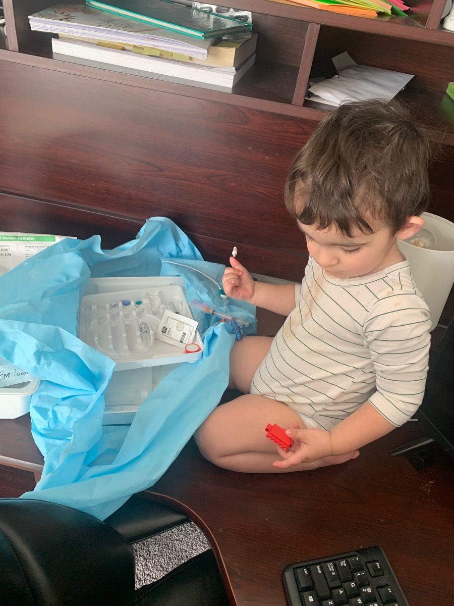 What I woke up to heading into my last ICU shift in residency... Attempted subclavian on the cat lol

Brought this kit home my intern year - long before he was born. Can’t believe how fast three years went by