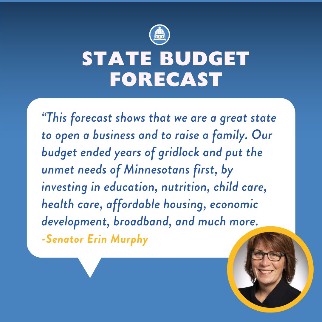Today, MN Management and Budget announced a projected state budget surplus of $3.7 billion for the 2024-25 biennium, an increase of $1.3 billion since the November forecast. DFL Senate Majority Leader Murphy's full statement can be found here: senatedfl.mn/senate-majorit…