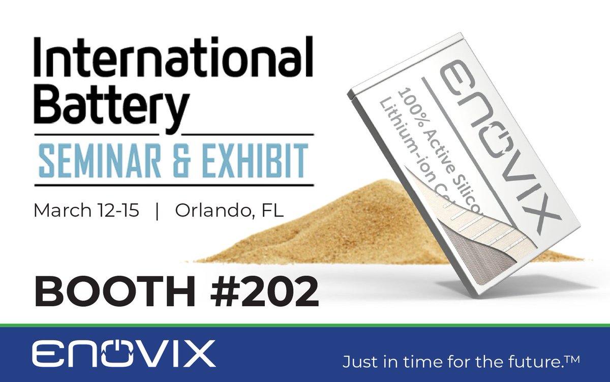 Enovix is participating in the 41st International Battery Seminar March 12-15 in Orlando. Visit us at booth 202! #FloridaBattery