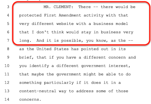 It's hard to convey how batshit evil Google's position is on regulation. Here's their lawyer basically telling the Supreme Court that digital services that addict kids or encourage teens to commit suicide are a protected First Amendment activity the government cannot regulate.