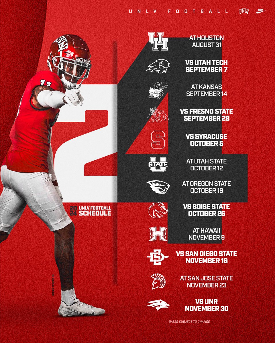 THE SCHEDULE 🗓️ “Get ready to experience the energy and excitement of UNLV Football like never before!” - Head Coach Barry Odom 📰: bit.ly/48A17wG
