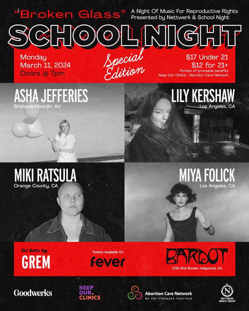 School Night (@itsaschoolnight) on Twitter photo We’ve teamed up with <a href="/NettwerkMusic/">Nettwerk Music Group</a> Mon 3/11 for “Broken Glass” - A Night Of Music For Reproductive Rights. Join us for sets by <a href="/AshaJefferies/">Asha Jefferies</a> <a href="/Lily_Kershaw/">L I L Y</a> <a href="/mikiratsula/">miki ratsula</a> & @miyafolick. A portion of the proceeds will benefit <a href="/KeepOurClinics/">KeepOurClinics</a> & <a href="/AbortionCare/">Abortion Care Network</a>. feverup.com/m/150071 We’ve teamed up with <a href="/NettwerkMusic/">Nettwerk Music Group</a> Mon 3/11 for “Broken Glass” - A Night Of Music For Reproductive Rights. Join us for sets by <a href="/AshaJefferies/">Asha Jefferies</a> <a href="/Lily_Kershaw/">L I L Y</a> <a href="/mikiratsula/">miki ratsula</a> & @miyafolick. A portion of the proceeds will benefit <a href="/KeepOurClinics/">KeepOurClinics</a> & <a href="/AbortionCare/">Abortion Care Network</a>. feverup.com/m/150071