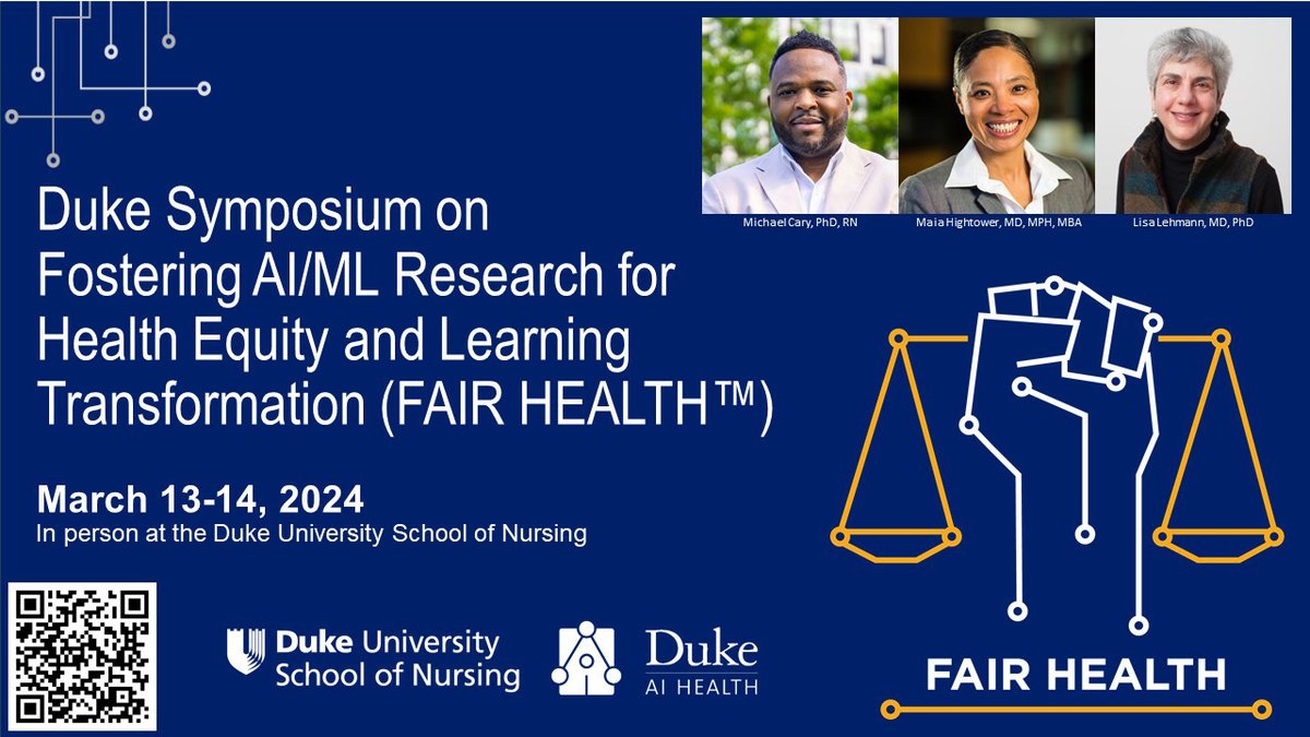March 13-14: Attendance is free and open to everyone at the Duke Symposium on Fostering AI/ML Research for Health Equity and Learning Transformation. Learn more and register: aihealth.duke.edu/2024-fair-heal…