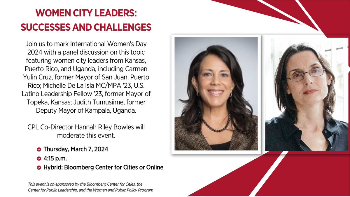 🗓️Thursday 3/7, join @BHcityleaders @HarvardCPL @wapppHKS on International Women's Day for a panel discussion with @CarmenYulinCruz, @Dasharyl MC/MPA '23 and U.S. Latino Leadership Fellow '23, and @JudithTumusiime. Attend in person or join via livestream: cities.harvard.edu/events/women-c…